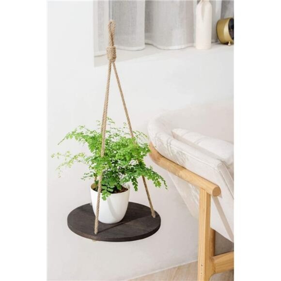 Hanging Plant Shelf Round Wood Rope Hanging Floating Shelf Vintage Home Decor - Picture 4 of 7